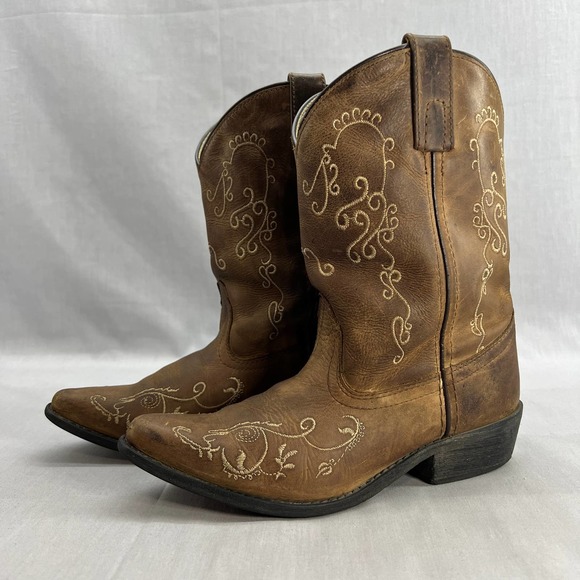 Smoky Children's Jesse Embroidered Leather Western Cowboy Boots - Brown